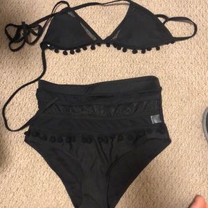 Pom pom black high waisted swim suit